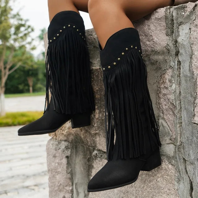 Luvrefashion | Lena Fringe Trimmed Western Ankle Boots in Black - styled look