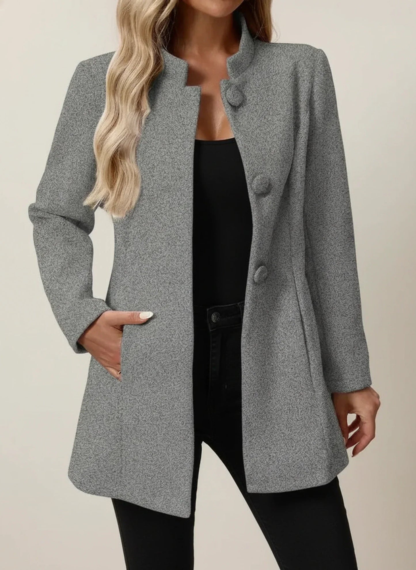 Luvrefashion | A Line Jacket with Mandarin Collar in Beige - image 10