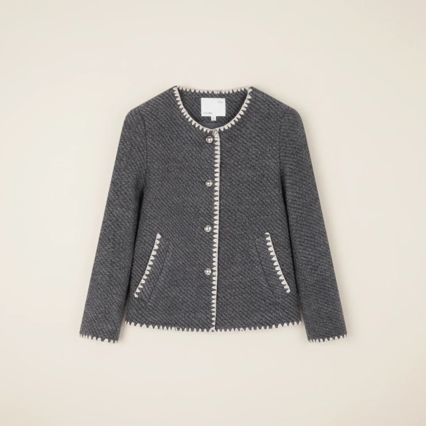 Luvrefashion | Collarless Knit Cardigan Jacket for in Dark Gray - detail view