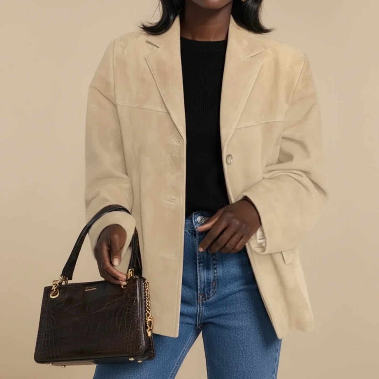 Luvrefashion | Loose Fit Blazer in Beige - front view