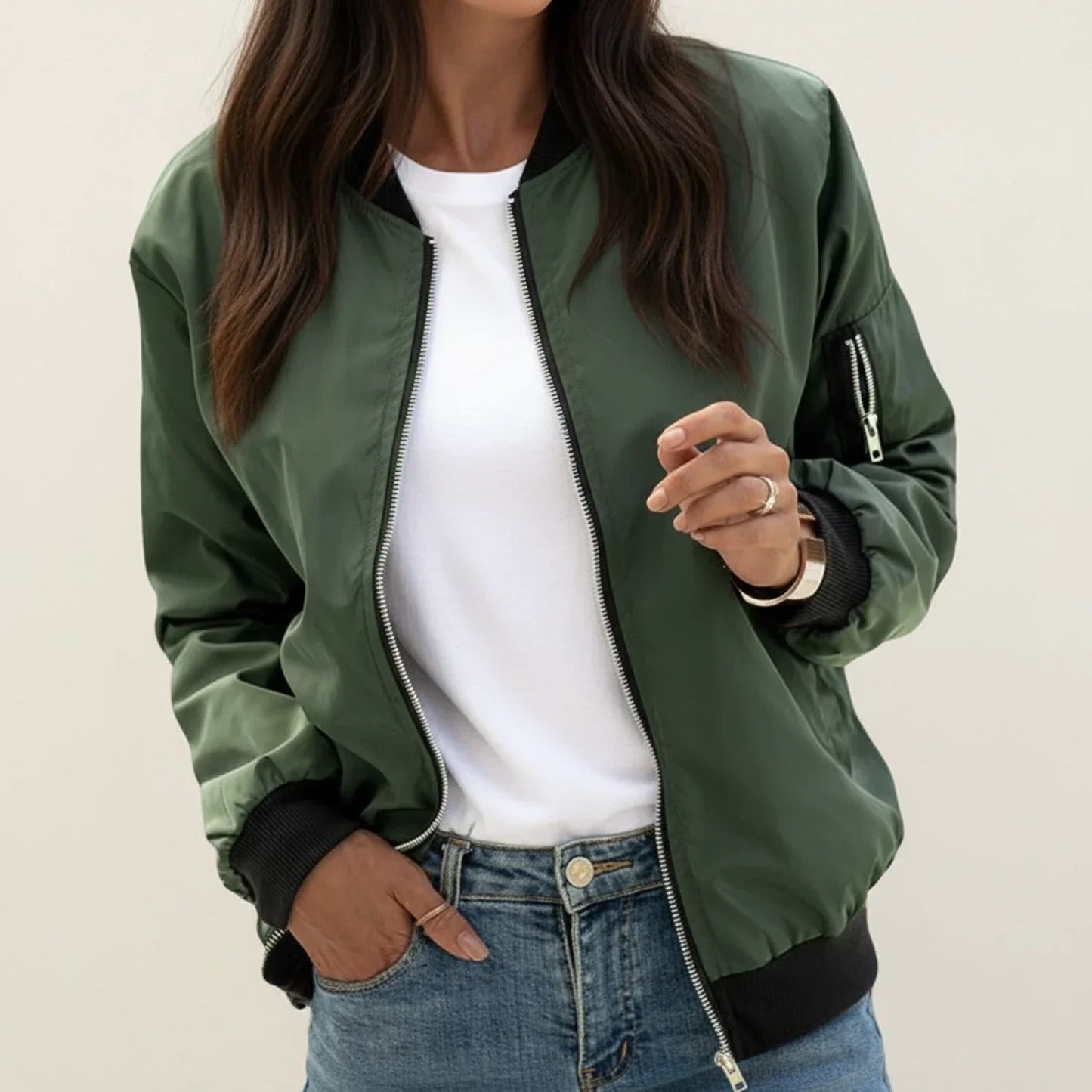 Luvrefashion | Ladies' Zip Front Bomber Jacket in Black - back view