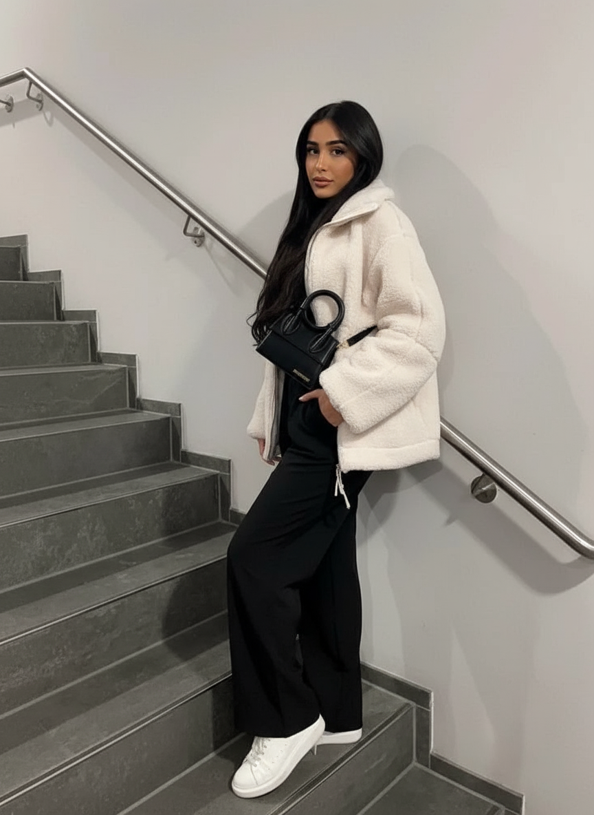 Luvrefashion | Mila Classic Teddy Fleece Jacket in White - detail view