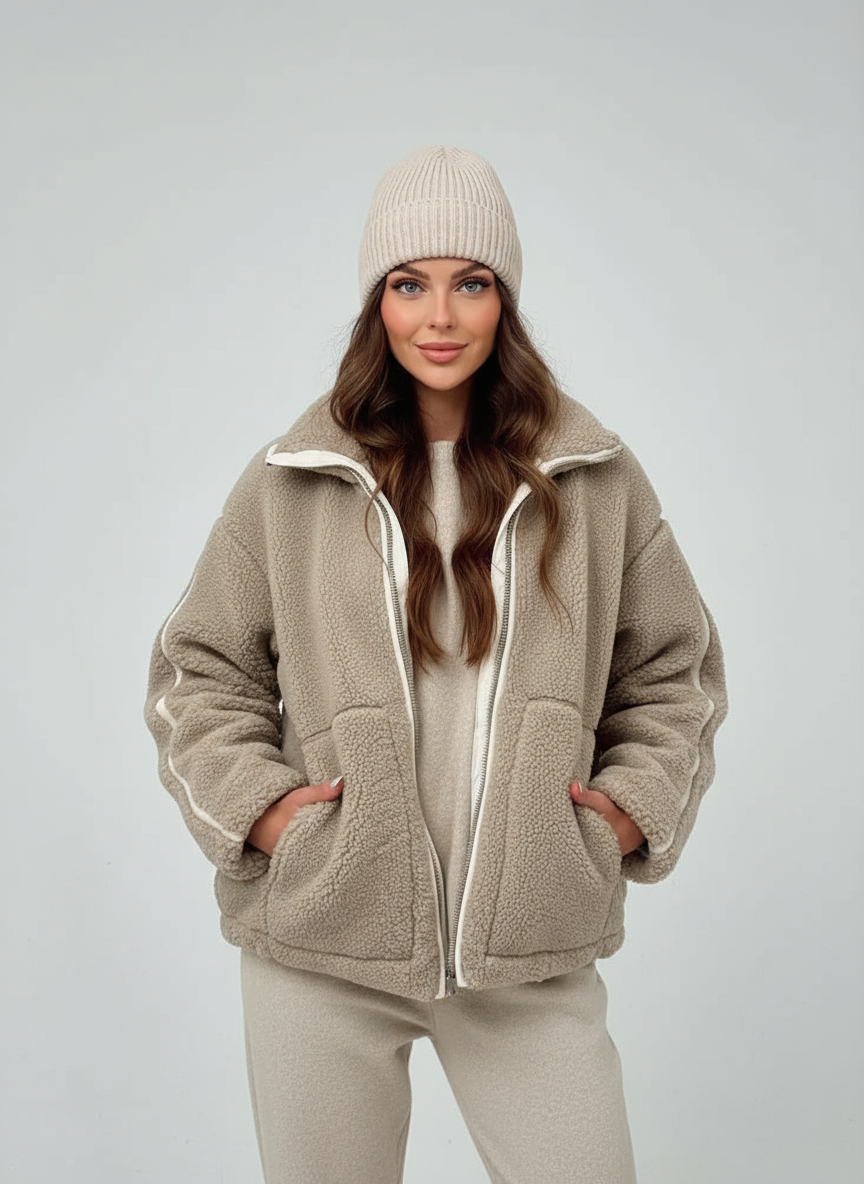 Luvrefashion | Mila Classic Teddy Fleece Jacket in White - front view
