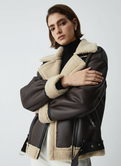 Luvrefashion | Braun Shearling Aviator Jacket – Faux Leather with Cozy Teddy Lining in XS - image 6