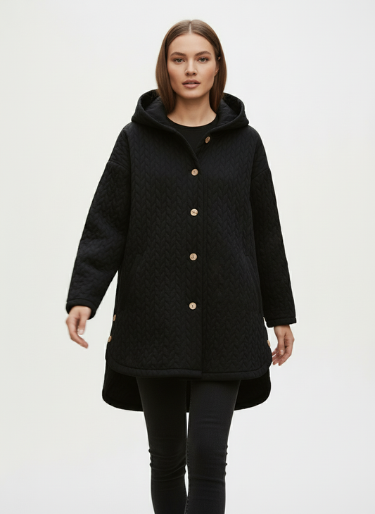 Luvrefashion | Casual Quilted Jacket with Textured Design & Wooden Buttons in Black - front view