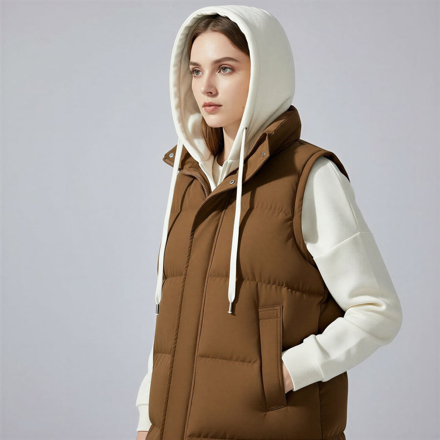 Luvrefashion | Removable Hood Quilted Vest in White - front view