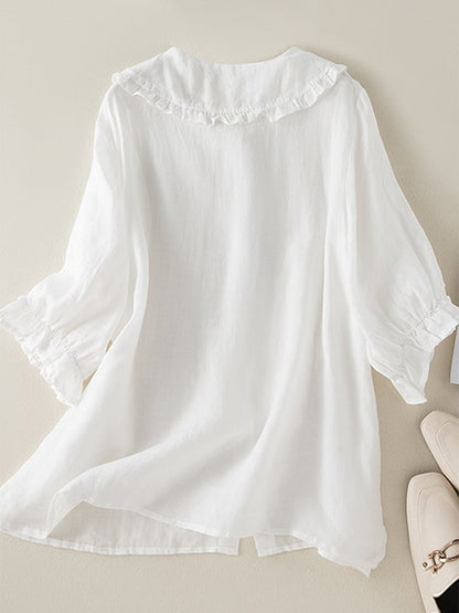 Luvrefashion | Lillian Fashionable Cotton Shirt with Loose Ruffled Neck in Blue - back view
