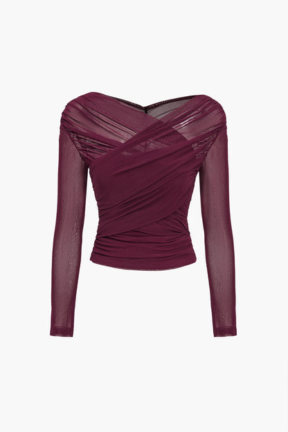 Luvrefashion | Fern Long Sleeve Ruched Mesh Top in Burgundy - back view