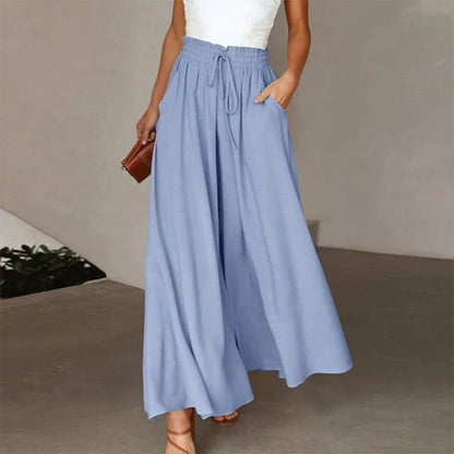 Luvrefashion | Gabriella A Line High Waist Elastic Pants with Drawstring – Long, Airy, and Pocketed in Dark Blue - detail view