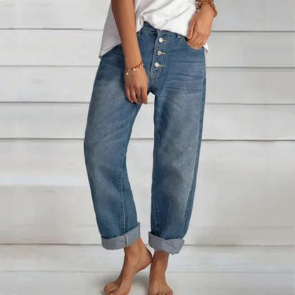 Luvrefashion | Kamilla Trendy High Waist Relaxed Fit Jeans in Blue - side view