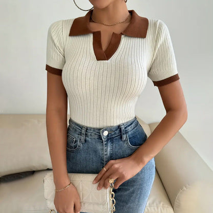 Luvrefashion | Fiona Ribbed Fitted Polo Shirt in Apricot - side view