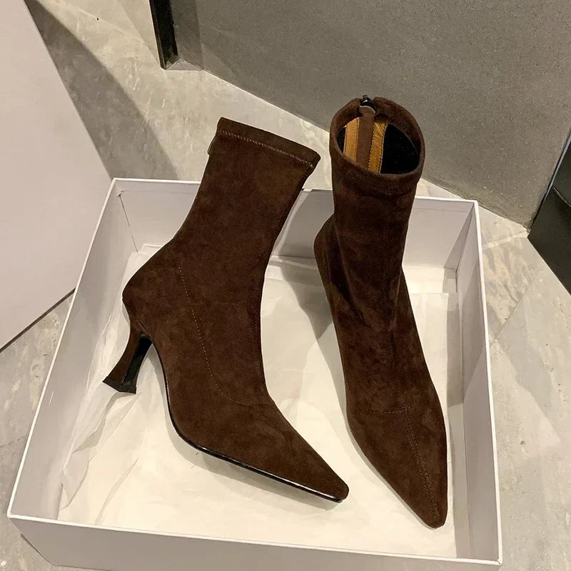 Luvrefashion | Clara Stylish Pointed Toe Ankle Boots for in Brown - back view