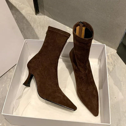Luvrefashion | Clara Stylish Pointed Toe Ankle Boots for in Brown - back view