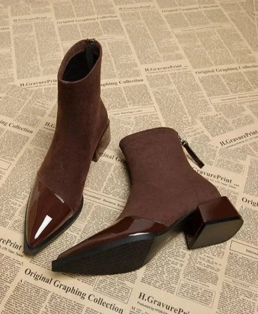 Luvrefashion | Lena Stylish Block Heel Ankle Boots in Brown - front view