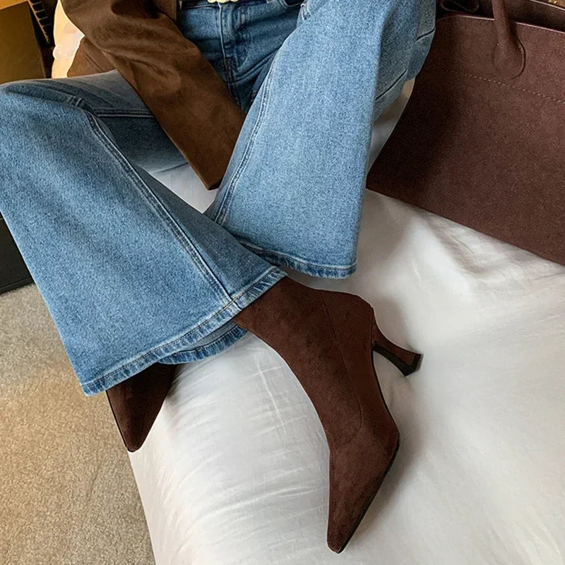 Luvrefashion | Clara Stylish Pointed Toe Ankle Boots for in Brown - side view