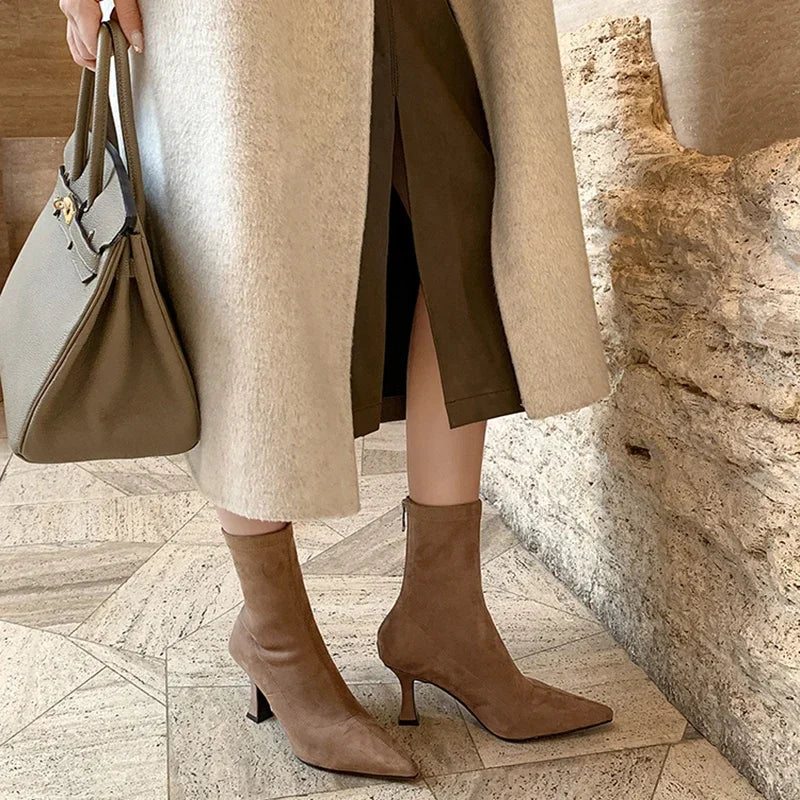 Luvrefashion | Clara Stylish Pointed Toe Ankle Boots for in Brown - styled look