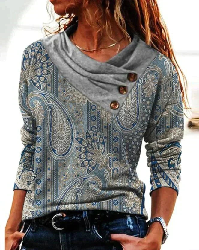 Luvrefashion | Gina Printed Cowl Neck Long Sleeve Blouse in Gray - side view