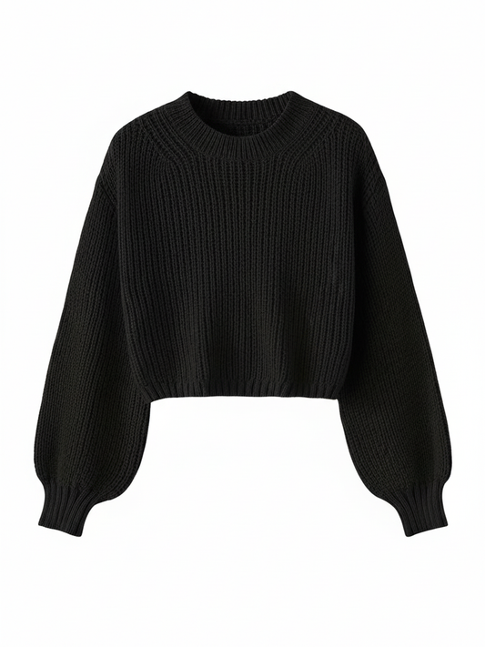Luvrefashion | Cropped Sweater for with Voluminous Sleeves in Black - front view