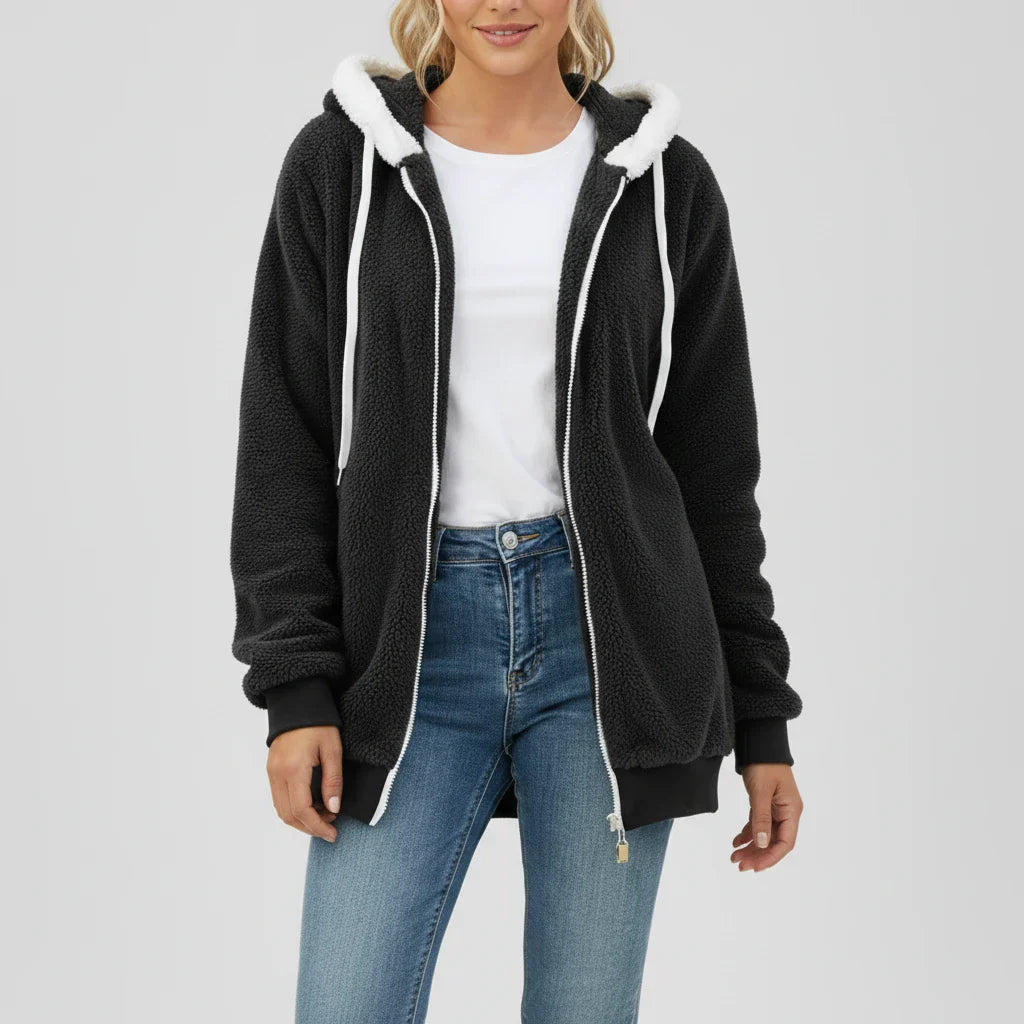 Luvrefashion | Ladies' Zip Up Hooded Sweater in Black - front view