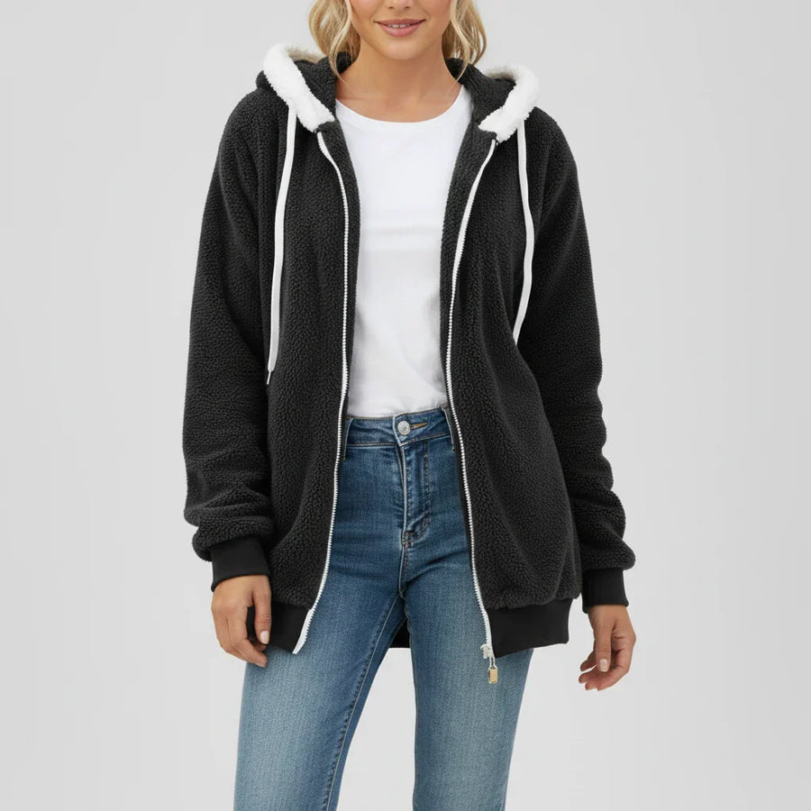 Luvrefashion | Ladies' Zip Up Hooded Sweater in Black - front view