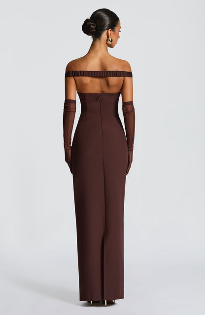 Luvrefashion | Abigail Plum Brown Maxi Dress in XS - back view