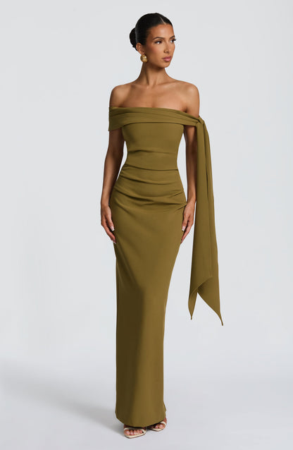 Luvrefashion | Addie Deep Olive Maxi Dress in XS - front view