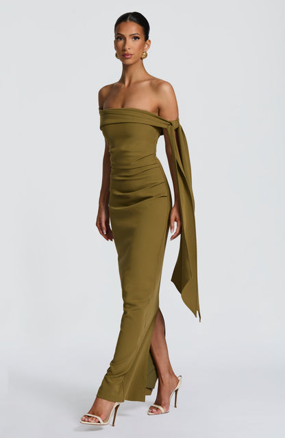 Luvrefashion | Addie Full Length Dress Rich Olive in XS - back view
