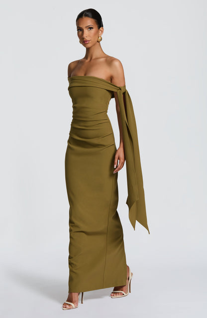 Luvrefashion | Addie Full Length Dress Rich Olive in XS - detail view