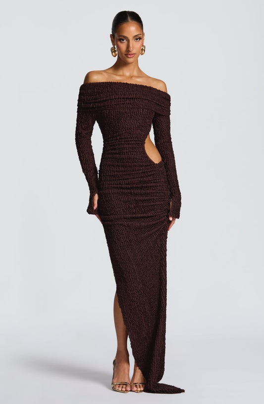Luvrefashion | Adelphia Plum Brown Midi Dress in XS - front view