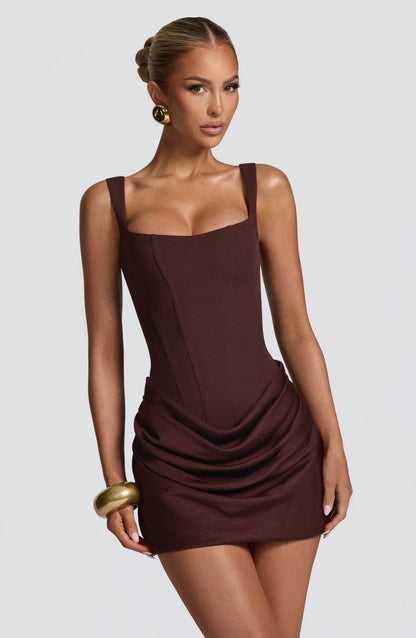 Luvrefashion | Cornelia Petite Dress Plum Brown in XS - detail view