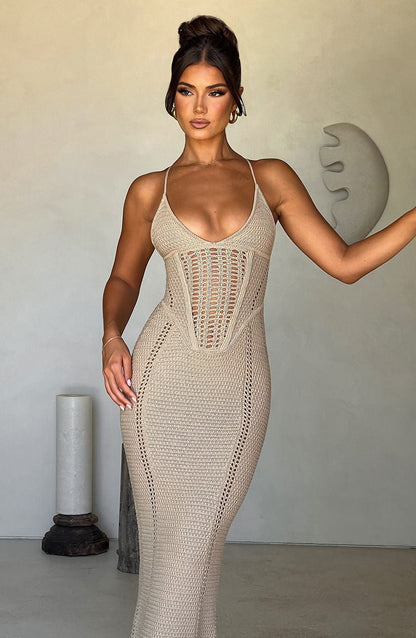 Luvrefashion | Xanthe Beige Maxi Dress in XS - detail view