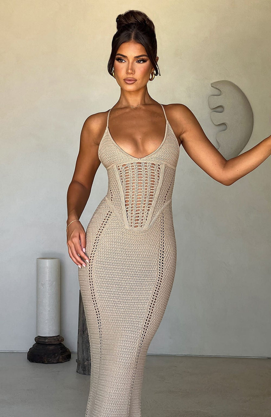 Luvrefashion | Xanthe Beige Maxi Dress in XS - detail view