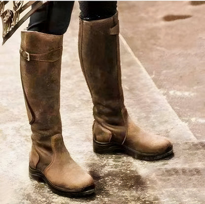 Luvrefashion | Anna Buckle Detail Flat Riding Boots in Dark Brown - styled look