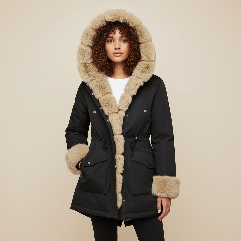Luvrefashion | Hooded Anorak Jacket with Faux Fur Trim in Black - front view