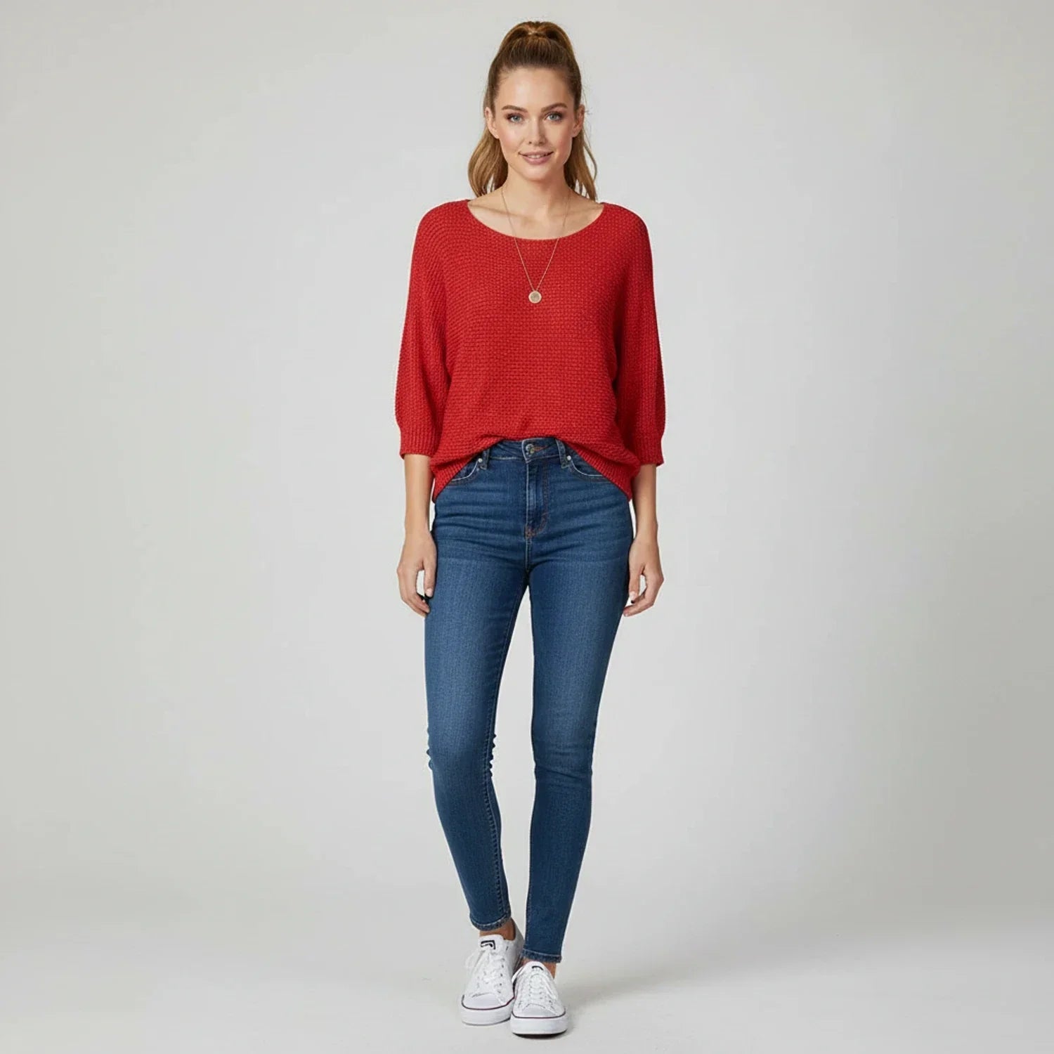 Luvrefashion | Ladies' Scoop Neck Pullover Sweater in Red - side view
