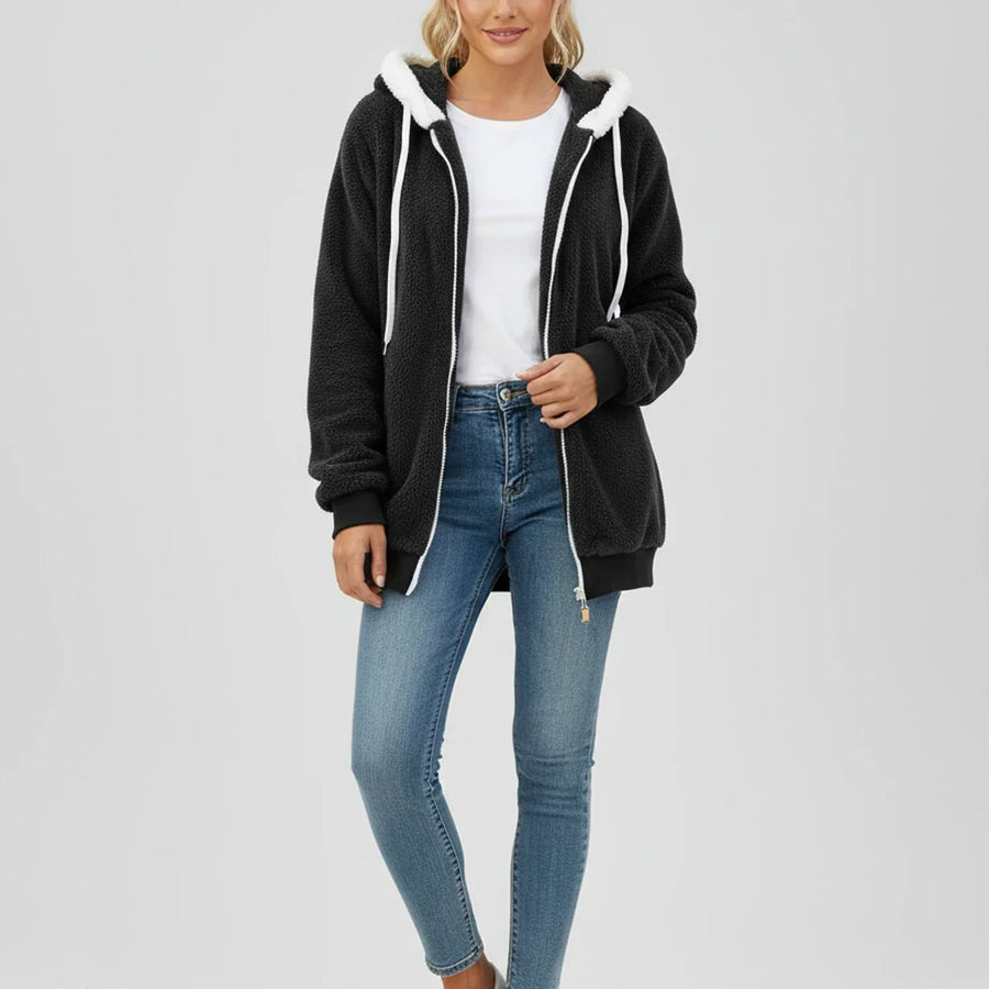 Luvrefashion | Ladies' Zip Up Hooded Sweater in Black - side view