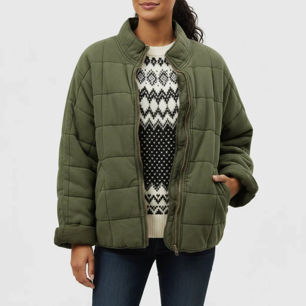 Luvrefashion | Ladies' Quilted Flight Jacket in Green - front view