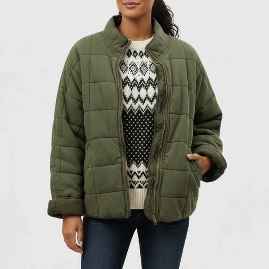 Luvrefashion | Ladies' Quilted Flight Jacket in Green - front view