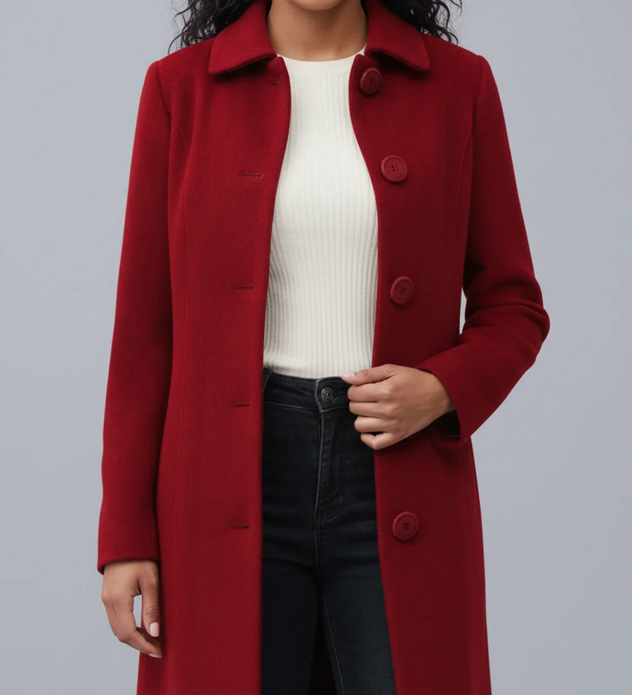 Luvrefashion | Ladies' Winter Trench Coat with Single Breasted Design in Dark Red - back view