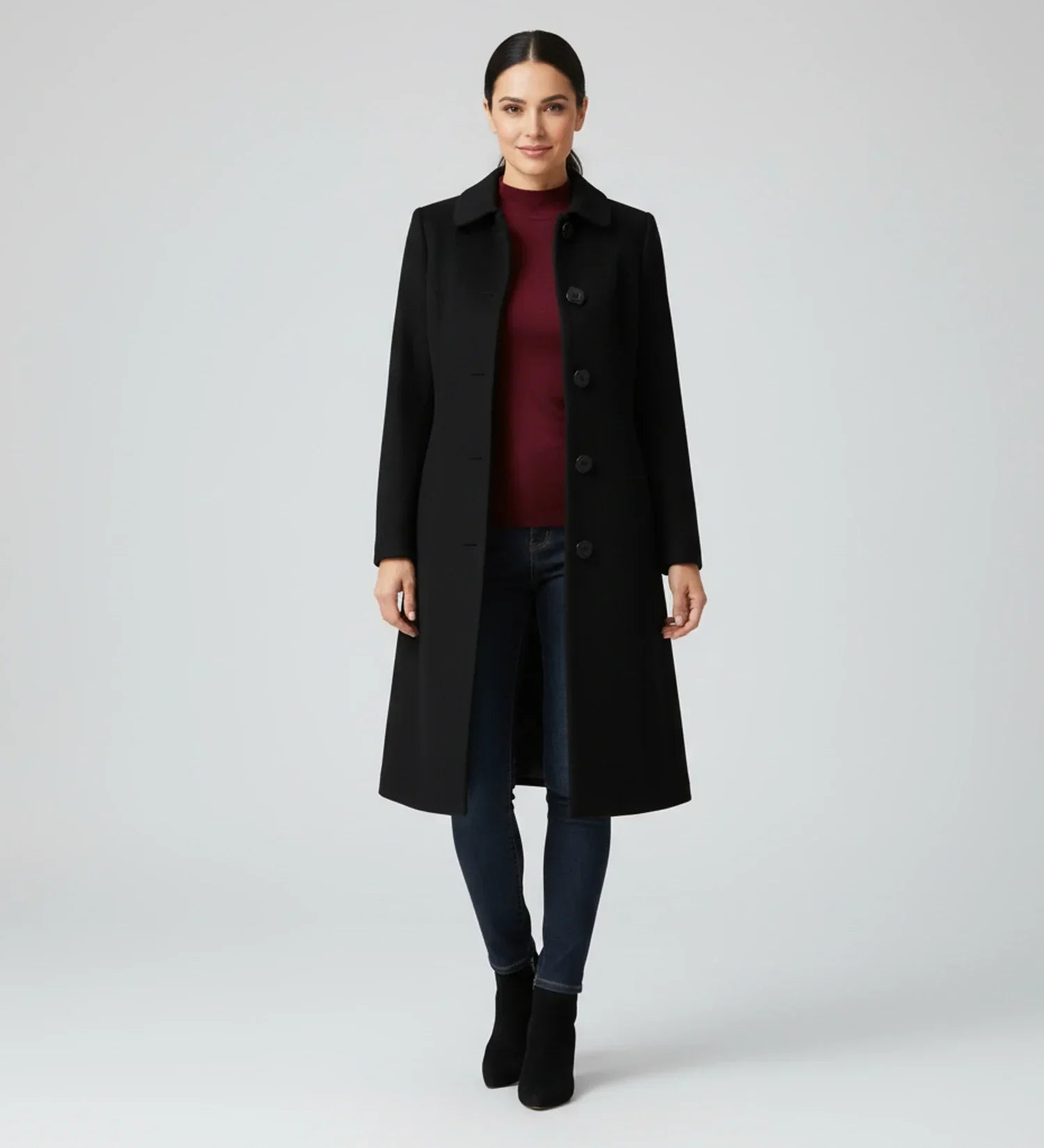 Luvrefashion | Ladies' Winter Trench Coat with Single Breasted Design in Dark Red - detail view