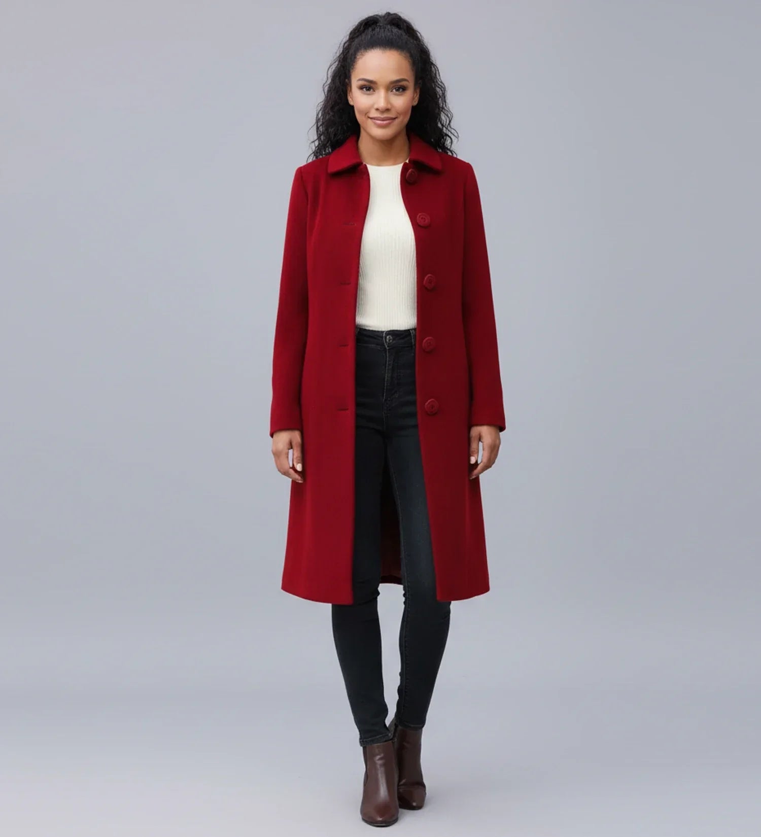Luvrefashion | Ladies' Winter Trench Coat with Single Breasted Design in Dark Red - front view