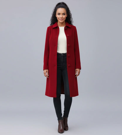 Luvrefashion | Ladies' Winter Trench Coat with Single Breasted Design in Dark Red - front view