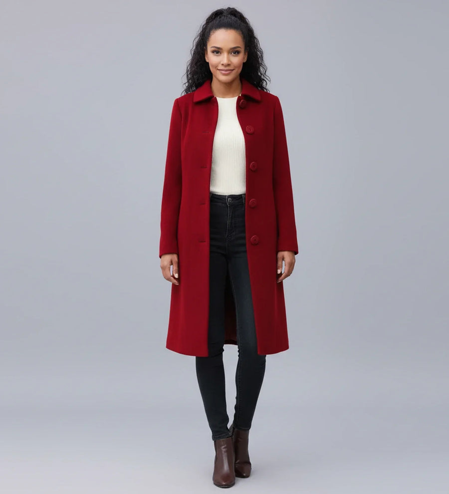 Luvrefashion | Ladies' Winter Trench Coat with Single Breasted Design in Dark Red - front view