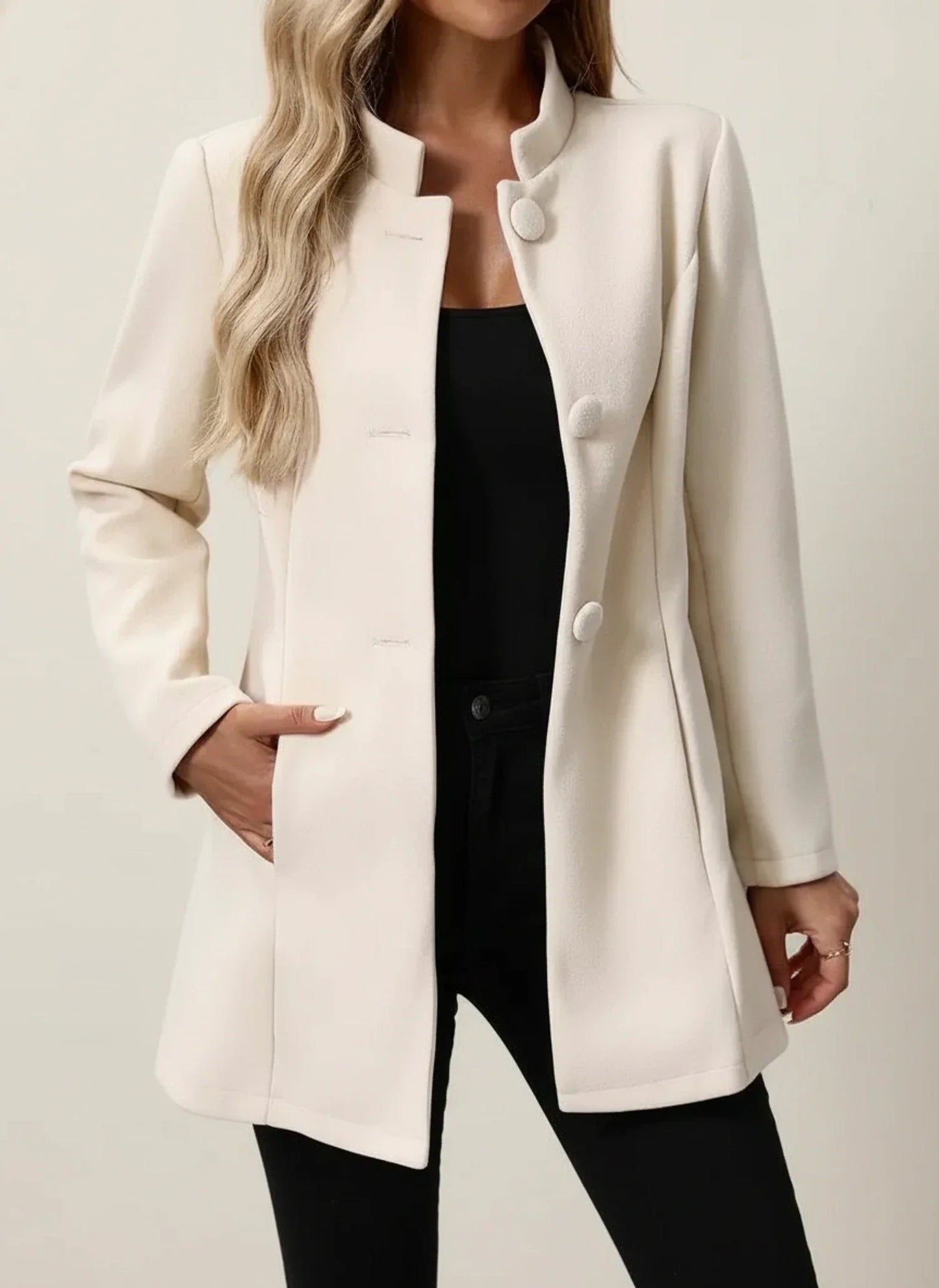 Luvrefashion | A Line Jacket with Mandarin Collar in Beige - front view