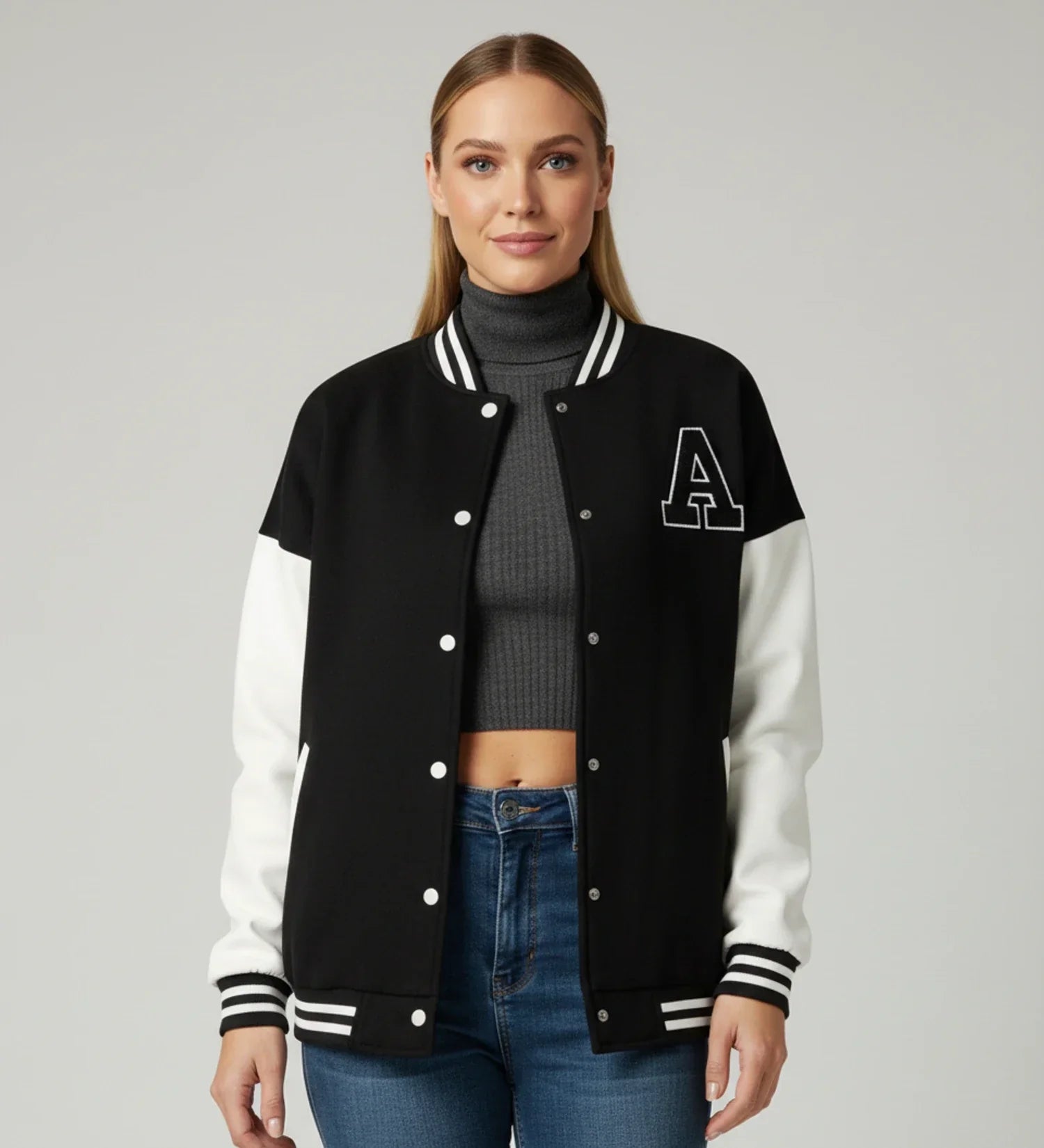 Luvrefashion | Varsity Jacket with Applique Letters in Black - front view
