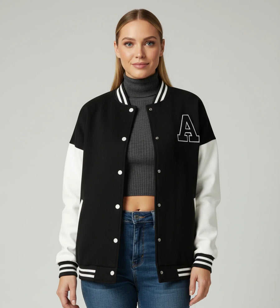 Luvrefashion | Varsity Jacket with Applique Letters in Black - front view