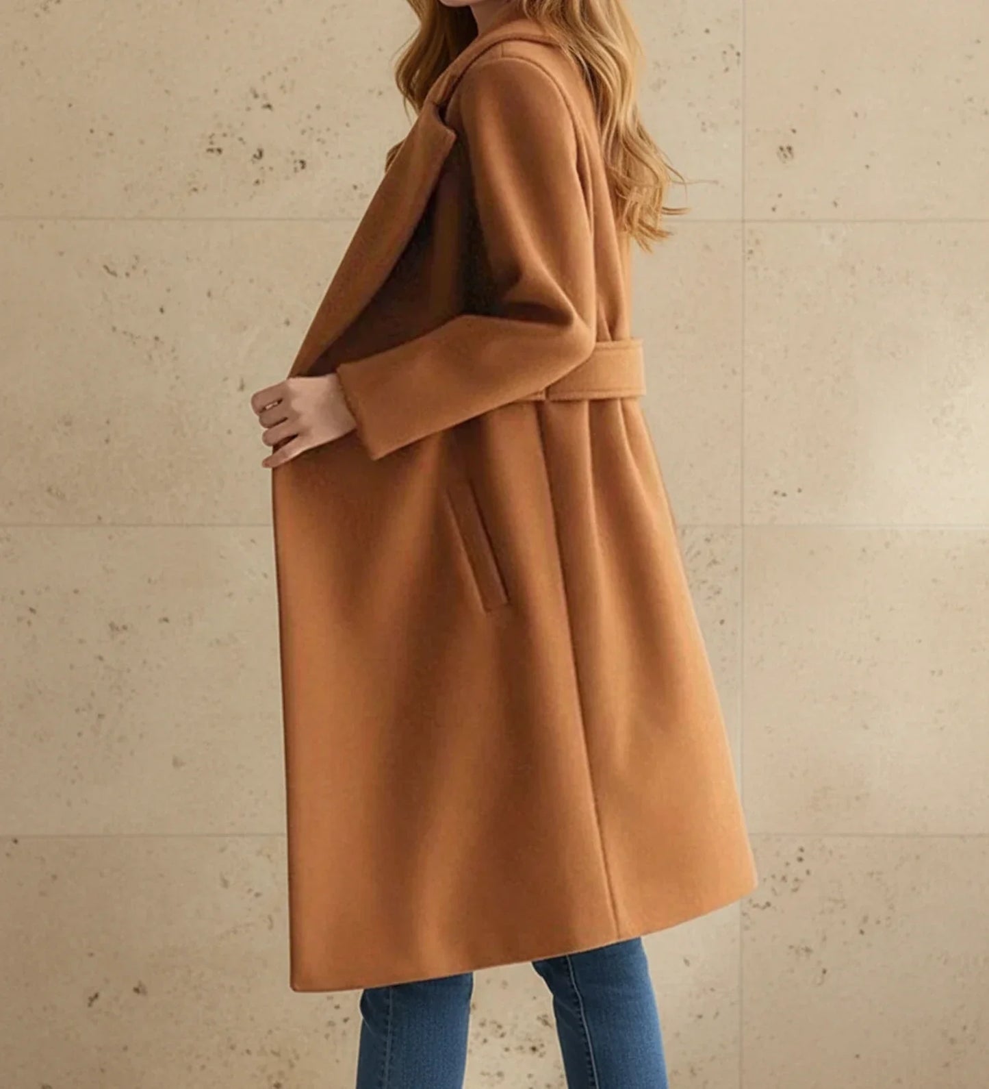Luvrefashion | Wide Lapel Tailored Coat with Belt in Camel - detail view