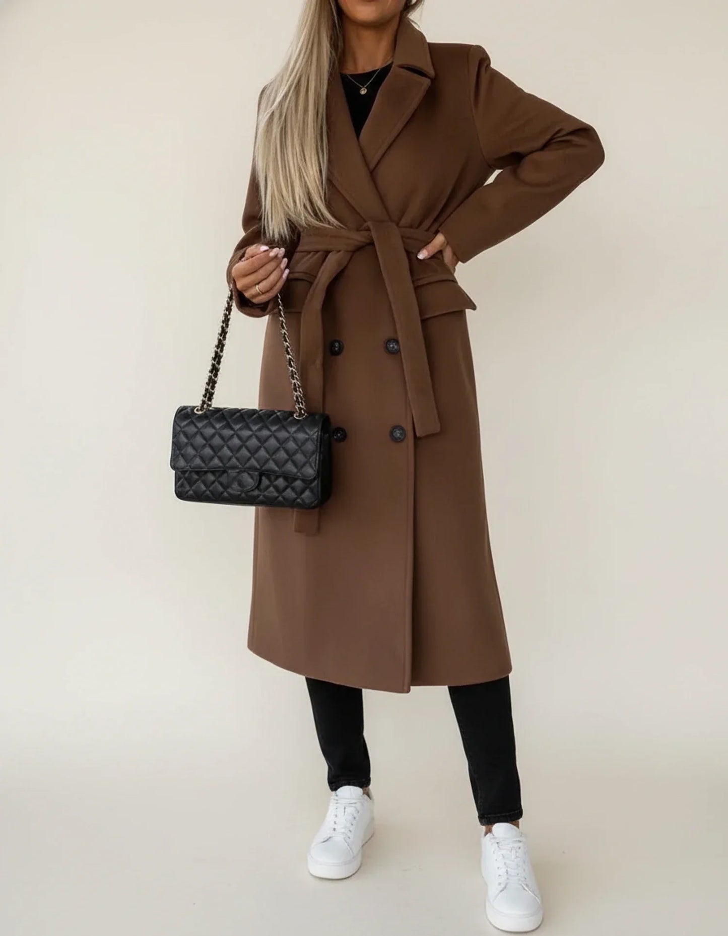 Luvrefashion | Mid Length Winter Overcoat with Belt in Khaki - back view