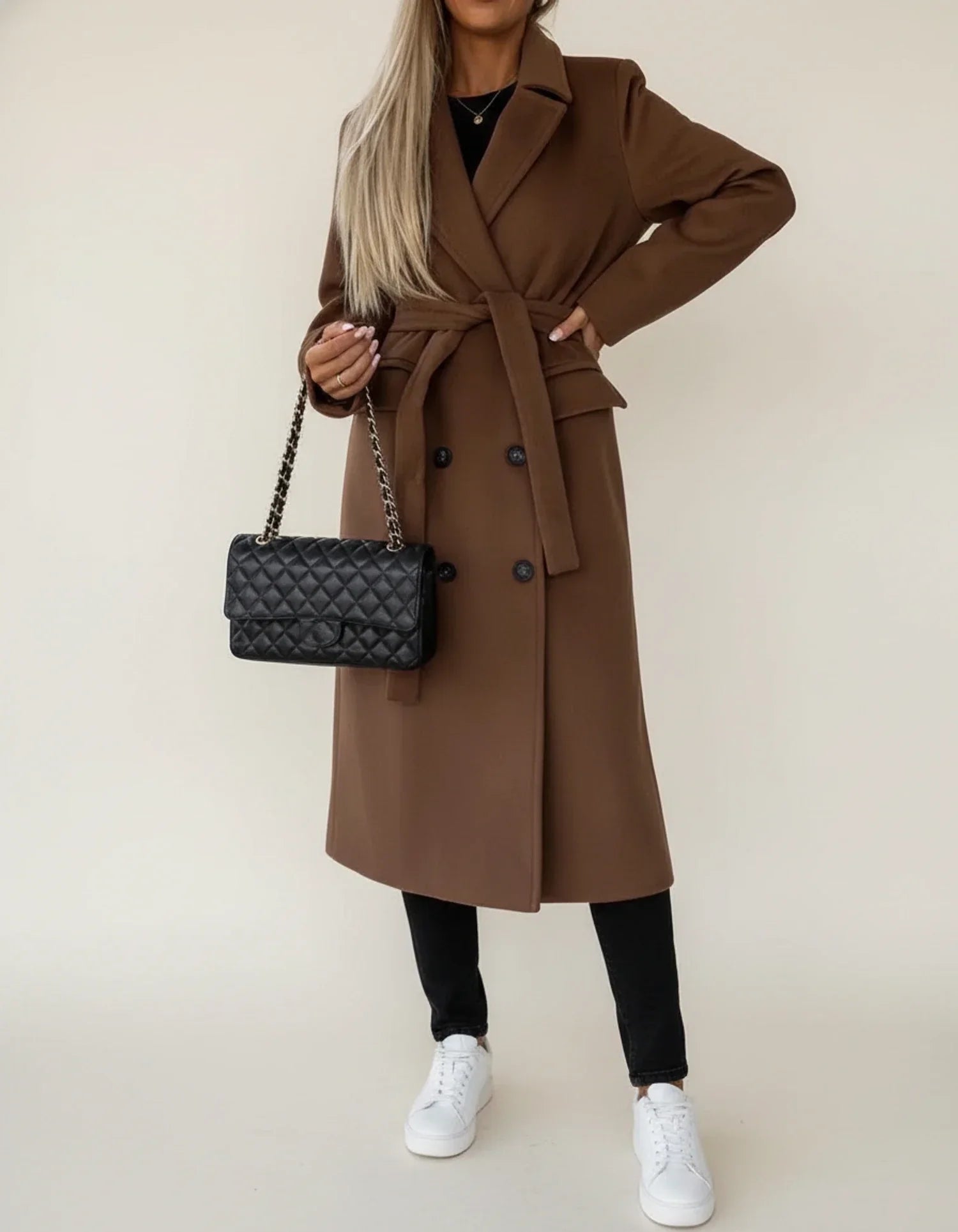Luvrefashion | Mid Length Winter Overcoat with Belt in Khaki - back view