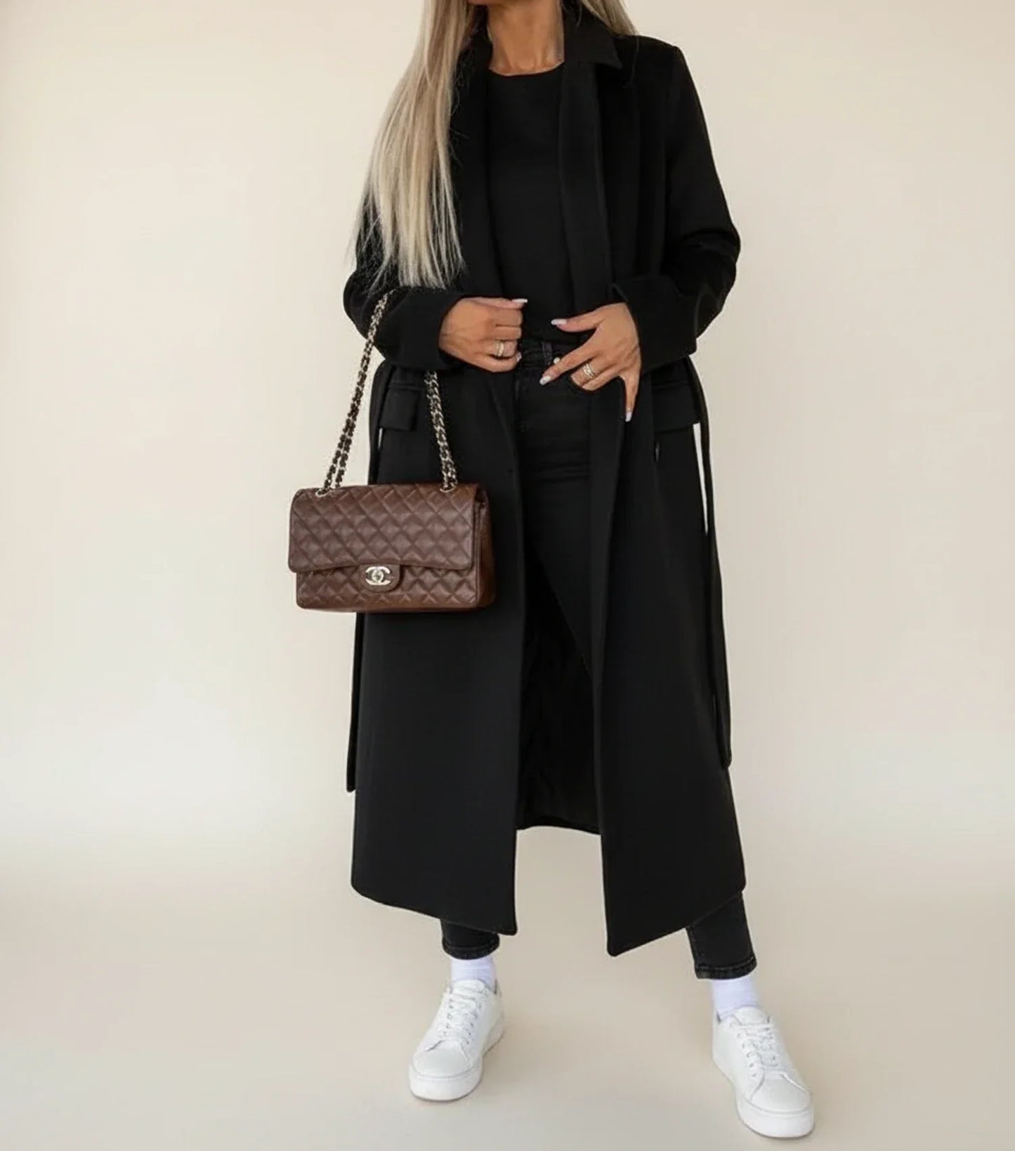 Luvrefashion | Mid Length Winter Overcoat with Belt in Khaki - styled look